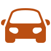 Simple brown car icon, viewed from the front, with two headlights and side mirrors, on a light gray background.