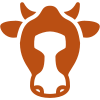 Simple, stylized illustration of a cow’s head in brown, showing the face, ears, and horns with minimal detail, on a light background.