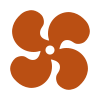 A simple, stylized orange fan or propeller with four rounded blades on a light gray background.