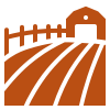 A simple icon of a farm with a barn, fence, and curved crop rows, all in a solid brown color on a light background.
