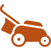 Simple orange icon of a push lawn mower, shown in side view with two large wheels, a handle, and a grass collection bag.