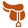 A simple, stylized brown icon of a horse saddle with a stirrup, shown on a light background.