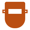 A simple, flat icon of a welding mask in solid brown color, featuring a rectangular eye shield and side protrusions, set against a light gray background.